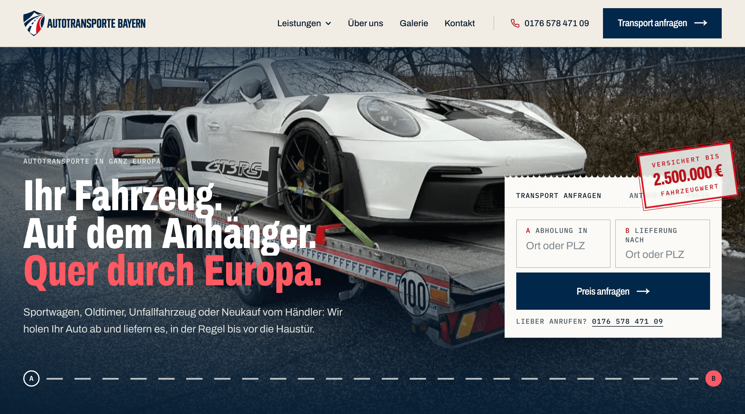 Startseite von Autotransporte Bayern mit einem Sportwagen auf dem Anhänger, der Überschrift „Ihr Fahrzeug. Auf dem Anhänger. Quer durch Europa.“ und einem Anfrageformular