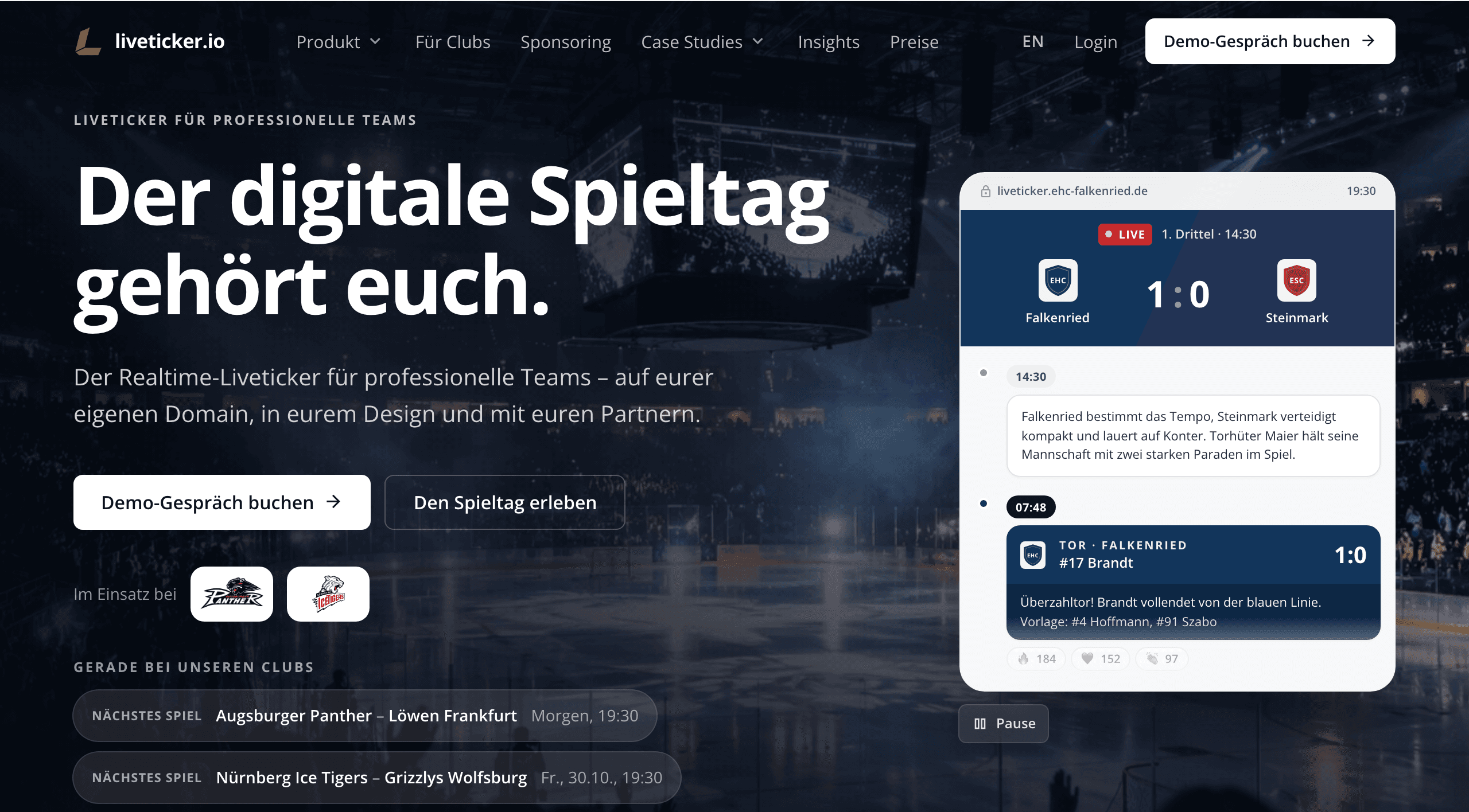 Startseite von liveticker.io mit der Überschrift „Der digitale Spieltag gehört euch.“ und einem Beispiel-Ticker
