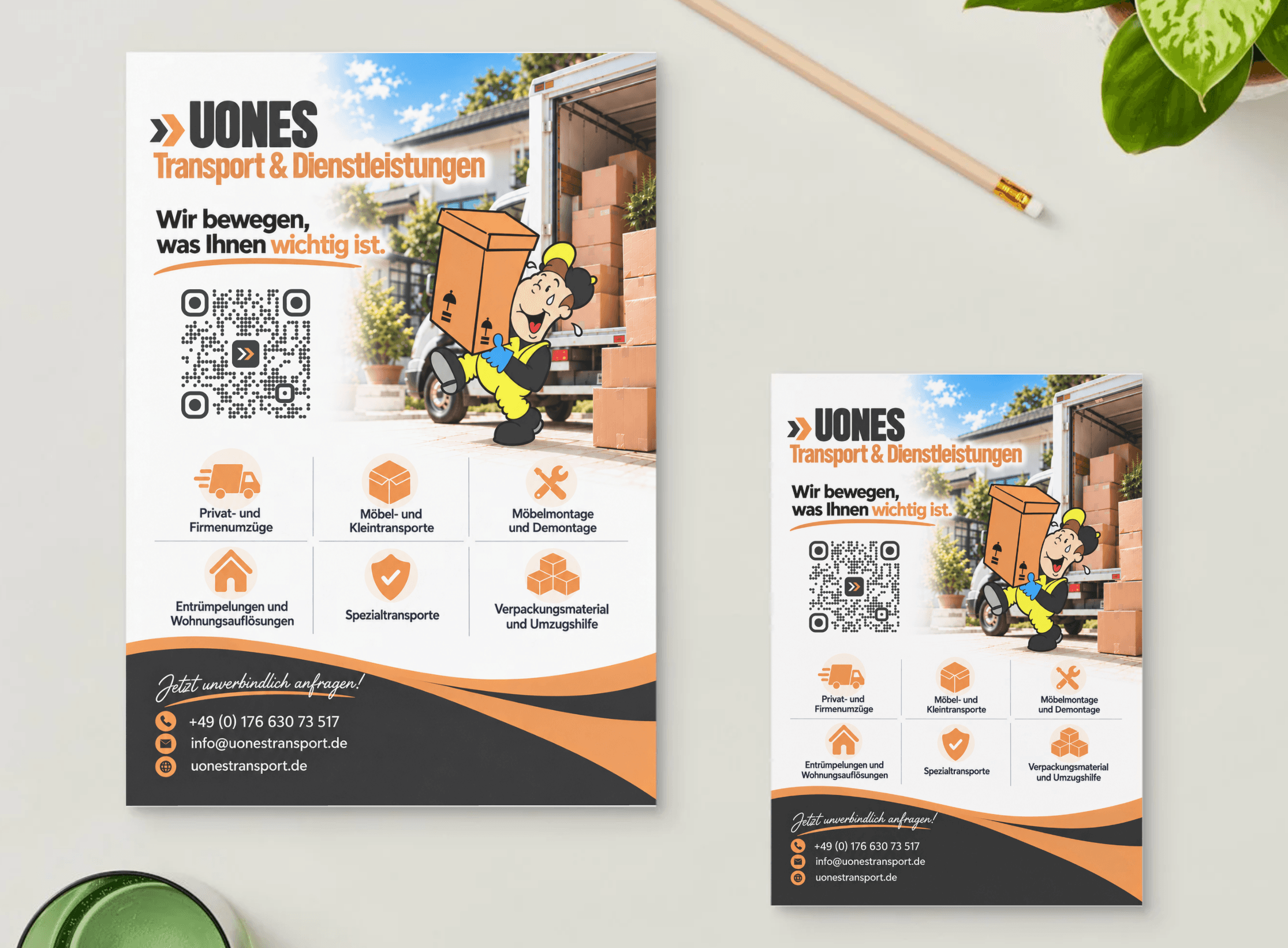 Zwei Flyer von UONES Transport in unterschiedlichen Größen mit Slogan „Wir bewegen, was Ihnen wichtig ist.“, QR-Code, sechs Leistungen und Kontaktdaten